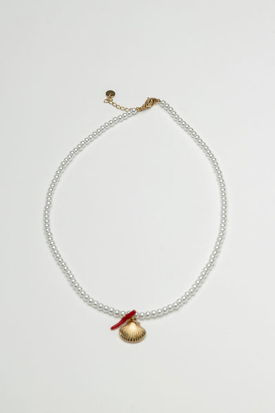 Petite Pearl Necklace Shell Red