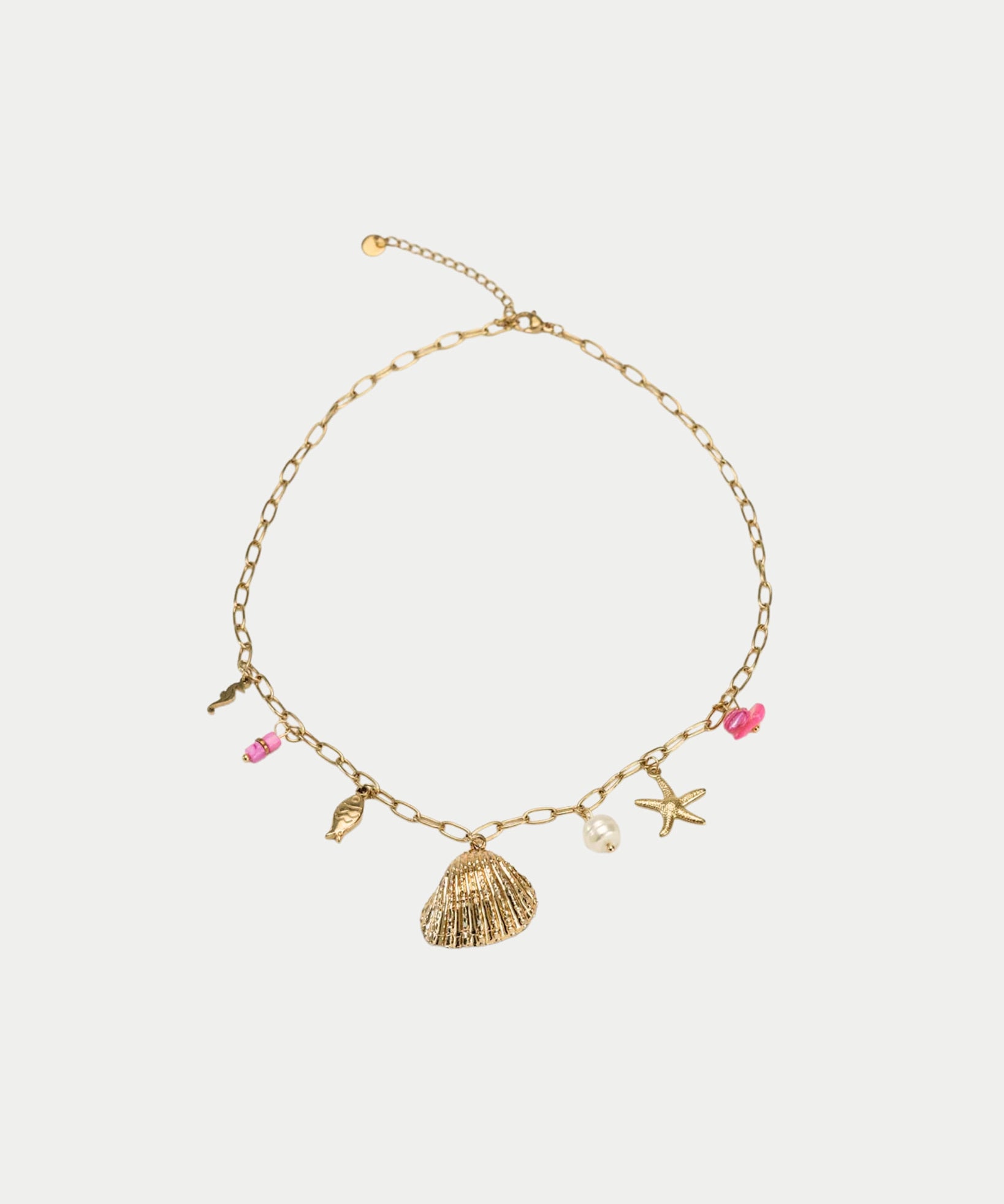 A gold plated necklace with hanging charms