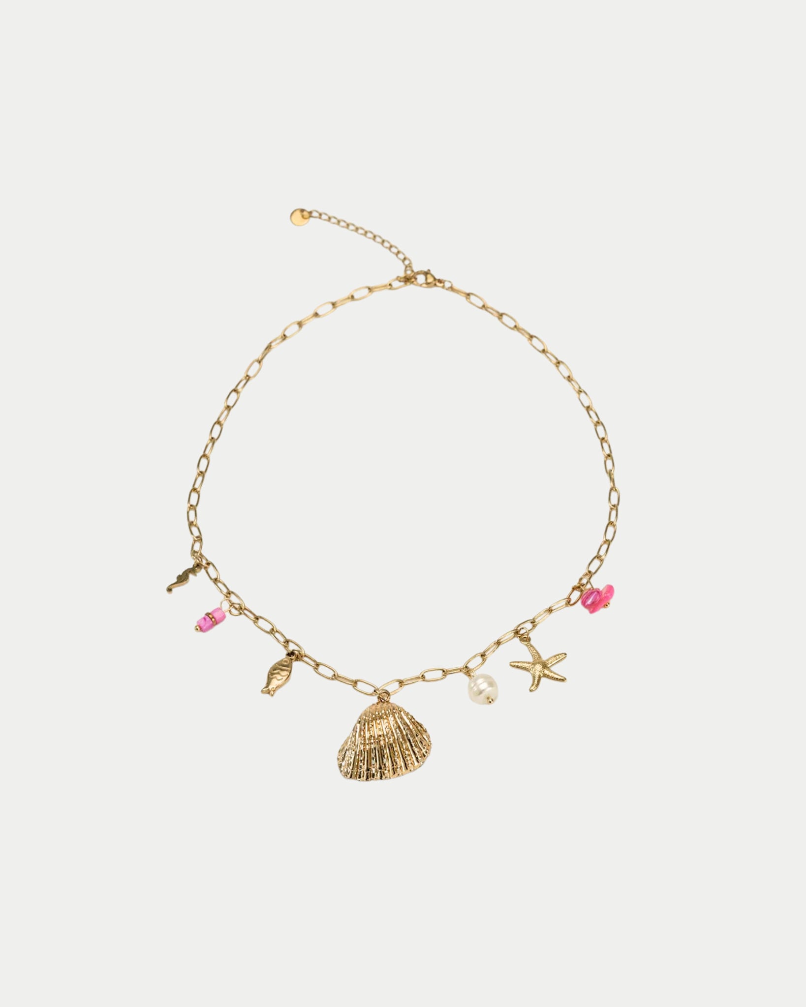 A gold plated necklace with hanging charms
