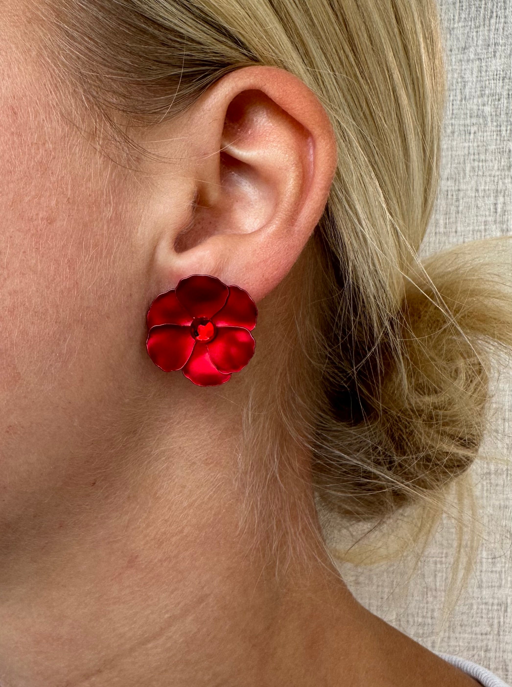 Flower Small Earrings Red Metallic Cz