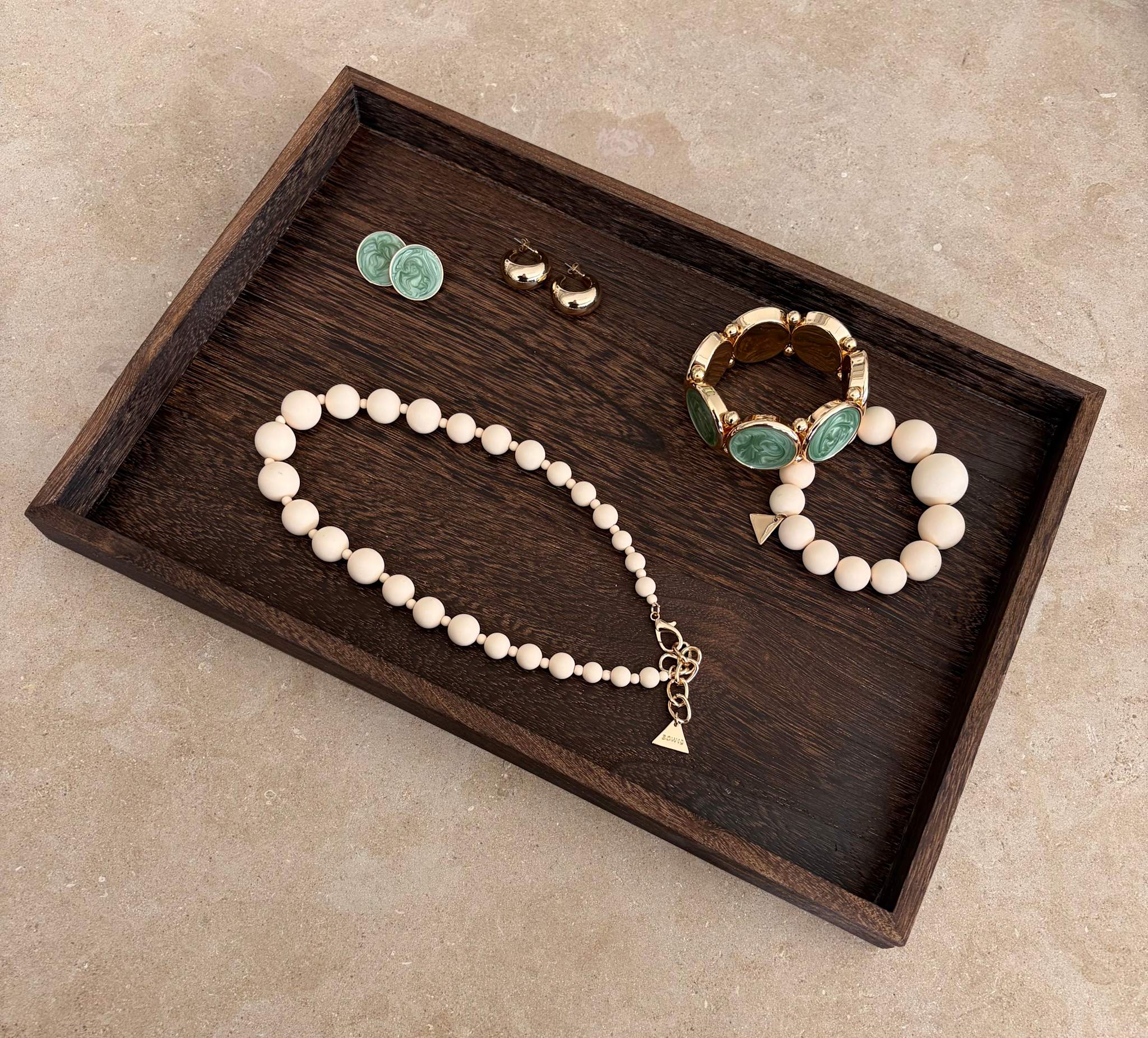 Dark Wood Tray with jewelries